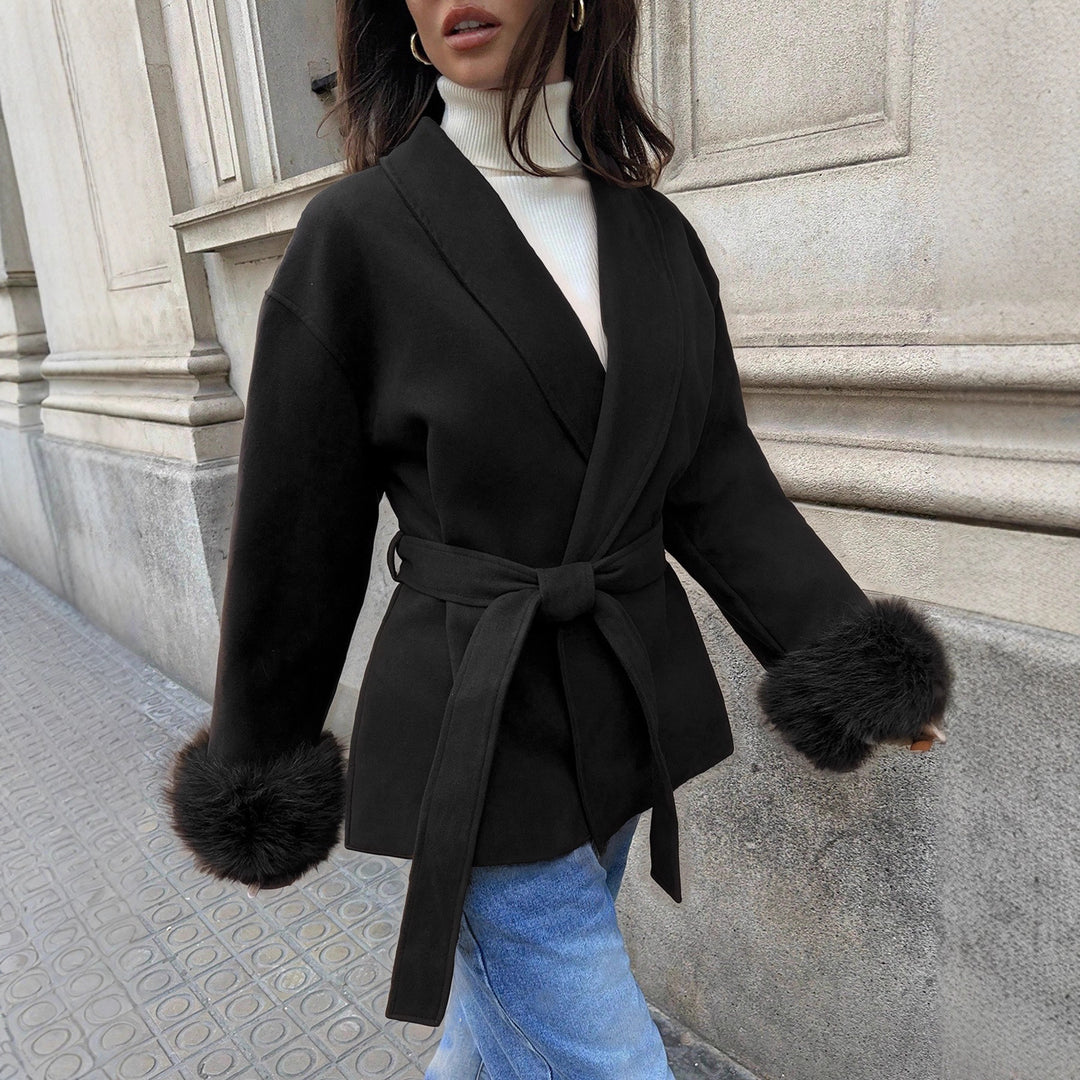 Damen Kurzmantel mit Kunstpelz-Bündchen, Schalkragen und Wickelgürtel Shop Nory