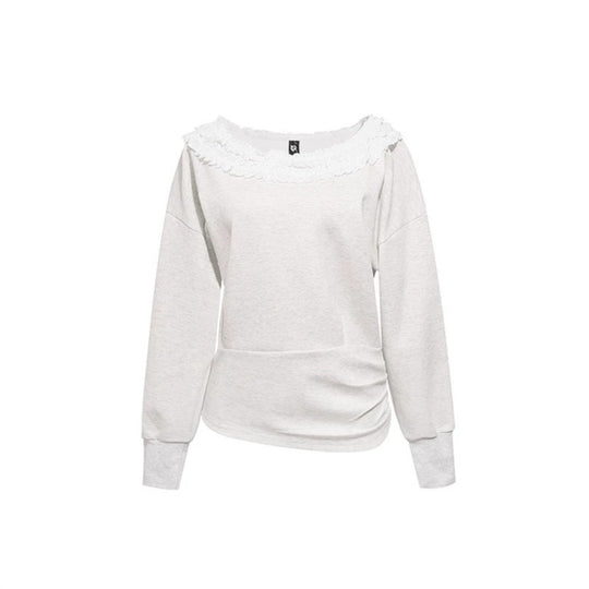 Damen Sweatshirt mit Carmen‑Ausschnitt, Spitzenrüsche und seitlicher Raffung Shop Nory