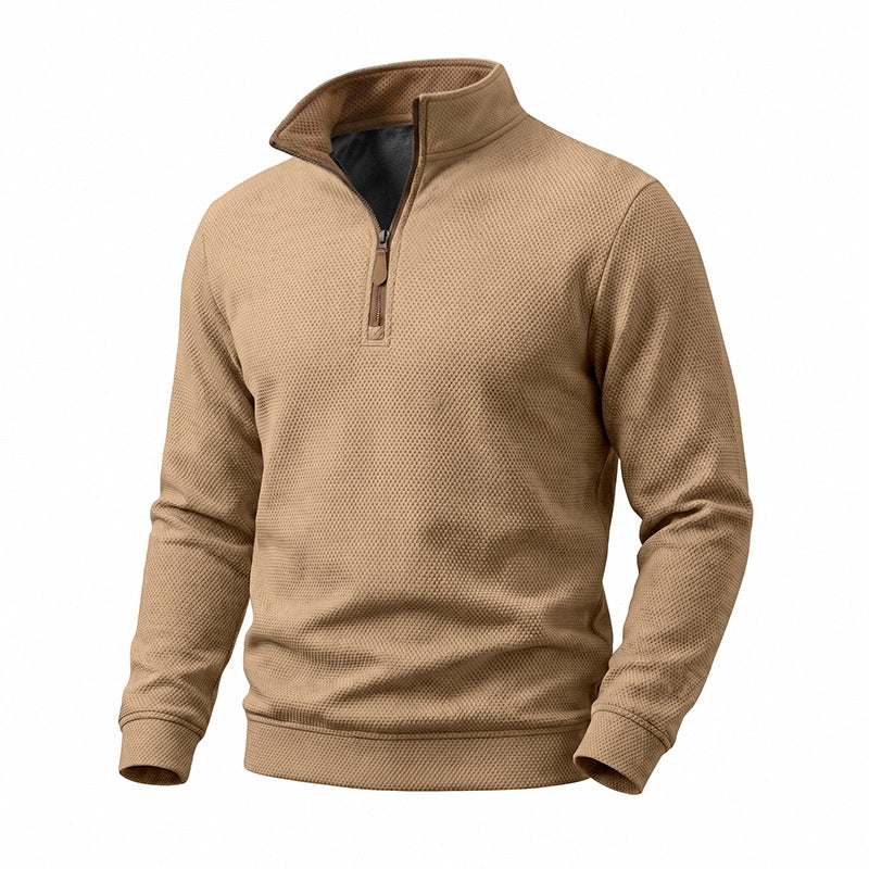 Herren Waffelstruktur-Halbzip-Sweatshirt mit Stehkragen, Kontrastfutter und Lederzipper Shop Nory
