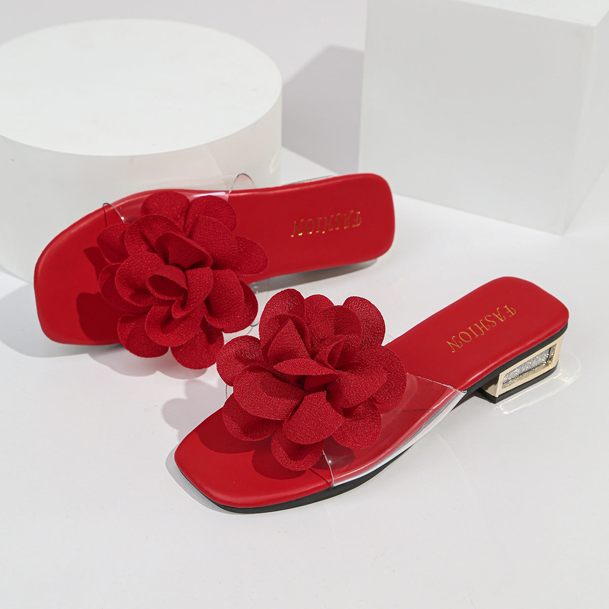 Damen Slides mit floralen Applikationen und funkelndem Blockabsatz