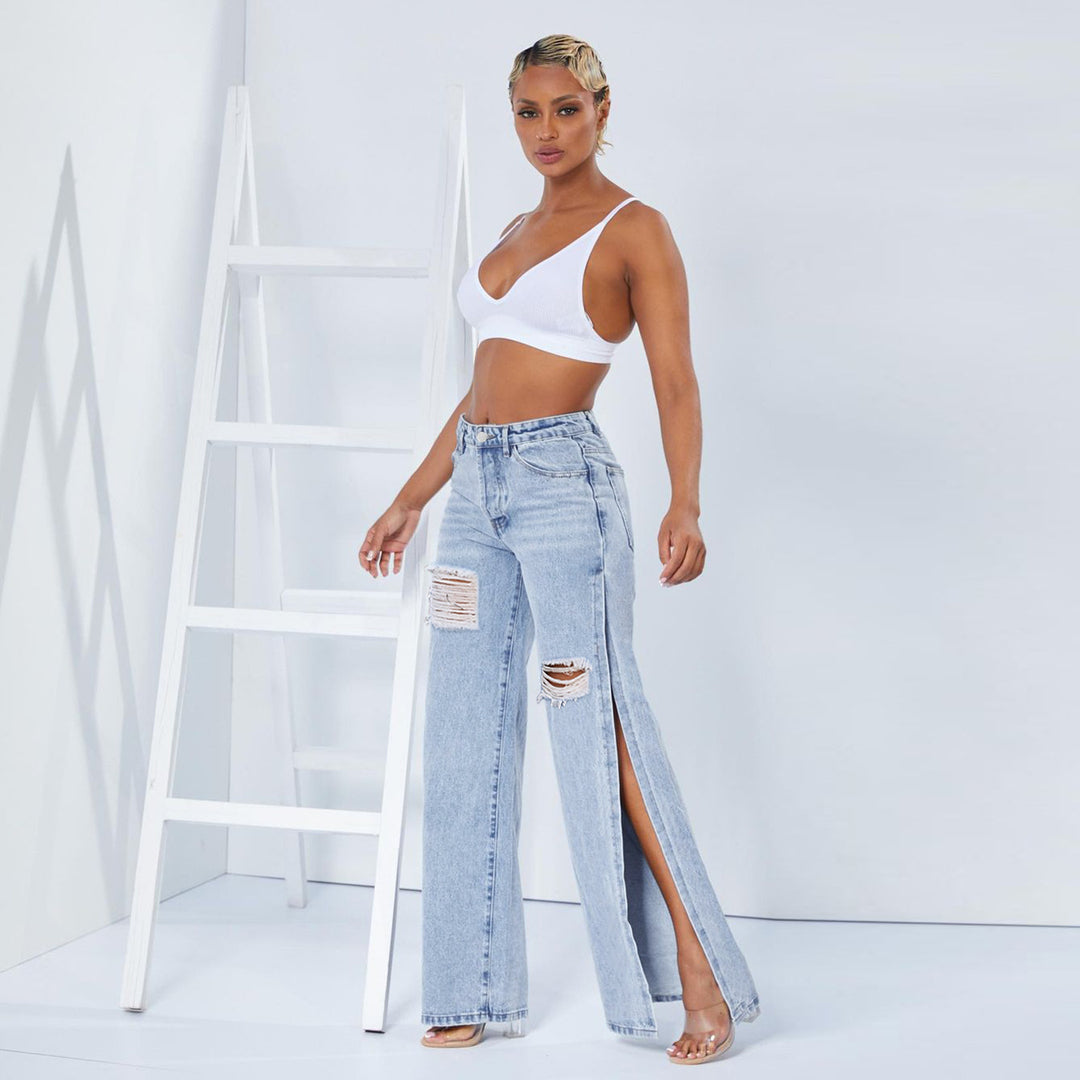 Damen Weite High‑Waist Denim‑Jeans mit hohen Seitenschlitzen und Destroyed‑Details Shop Nory