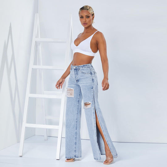 Damen Weite High‑Waist Denim‑Jeans mit hohen Seitenschlitzen und Destroyed‑Details Shop Nory
