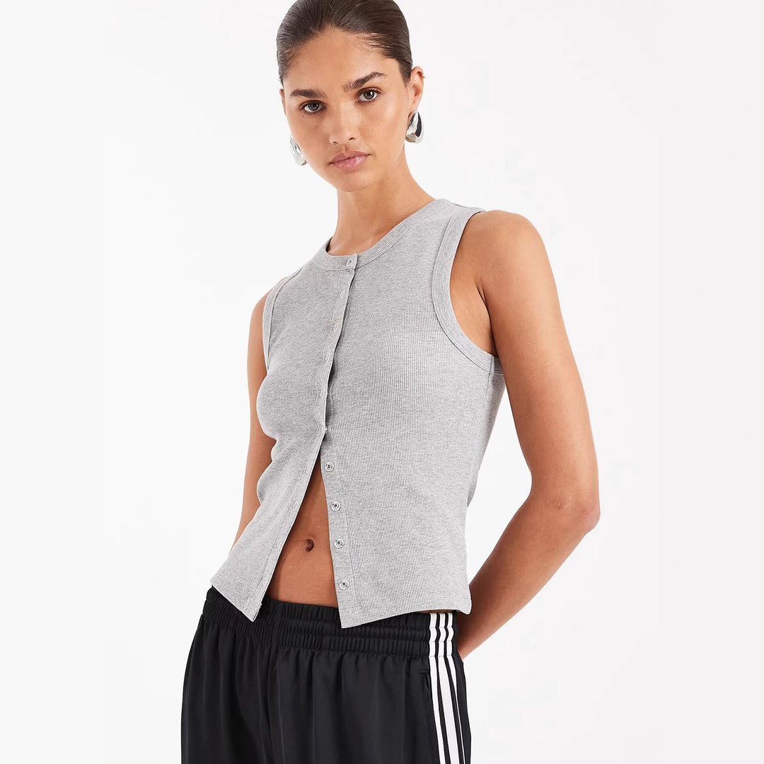 Damen Ärmelloses Rippenshirt mit durchgehender Knopfleiste