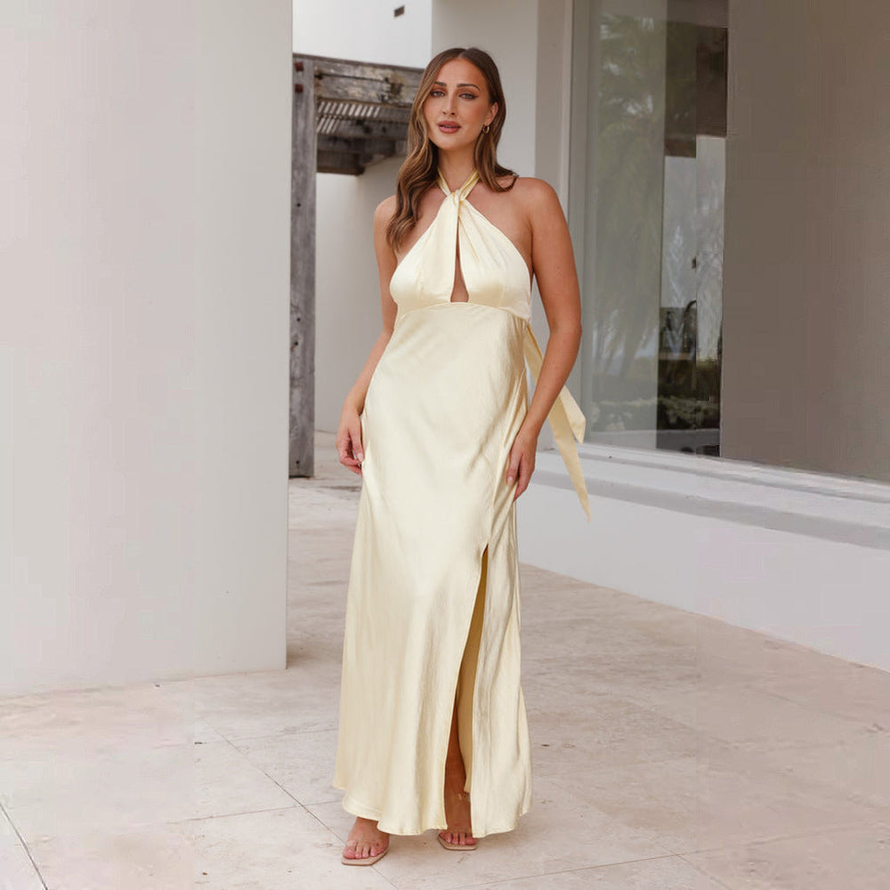 Damen Elegantes Wickelmaxikleid im Halterneck-Stil mit seitlichem Schlitz und Taillengürtel