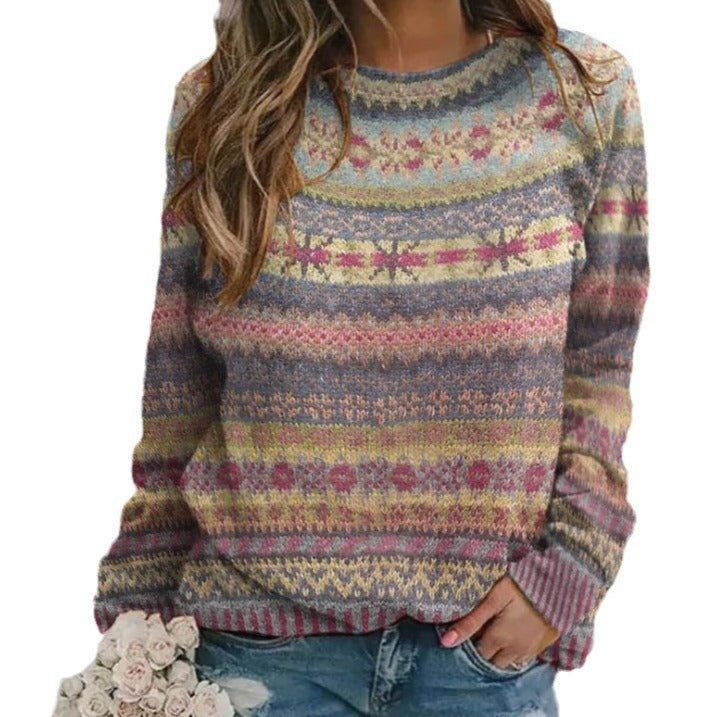 Damen gemusterter Strickpullover mit Rundhalsausschnitt, Fair Isle Muster und lässigem Oversized-Schnitt Shop Nory