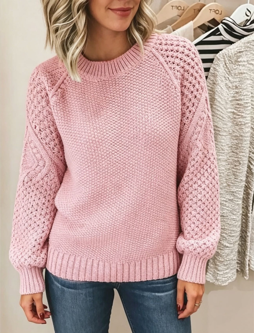 Damen Grobgestrickter Rundhals-Pullover mit Ajour- und Zopfmusterärmeln Shop Nory