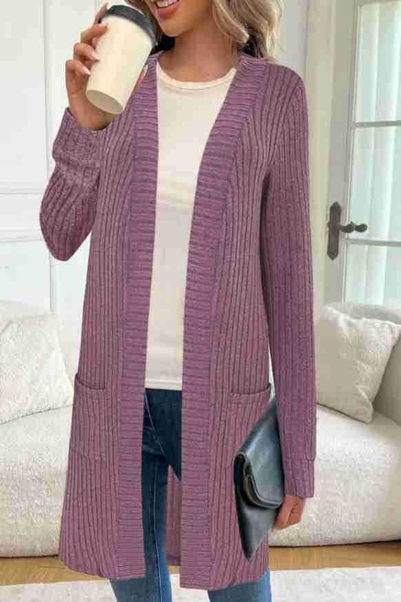 Damen Longline Rippstrick Cardigan mit Taschen Shop Nory