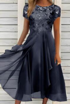 Damen nan elegantes Chiffon-Midikleid mit floraler Spitzenapplikation und fließendem Tellerrock