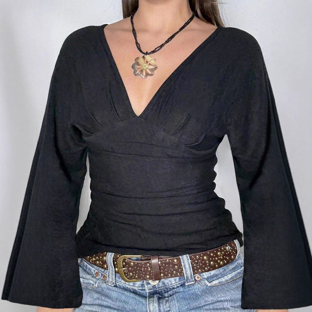 Damen nan figurbetontes Langarm-Top mit tiefem V-Ausschnitt, Nackenband zum Binden und taillierter Silhouette Shop Nory