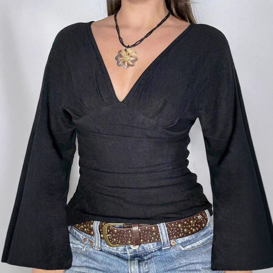 Damen nan figurbetontes Langarm-Top mit tiefem V-Ausschnitt, Nackenband zum Binden und taillierter Silhouette Shop Nory