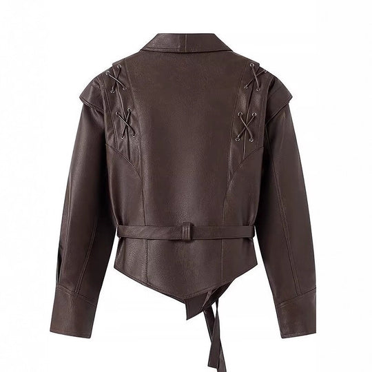 Damen kurzgeschnittene Kunstlederjacke mit Schalkragen, Schnürdetails an Schultern und Taillengürtel Shop Nory