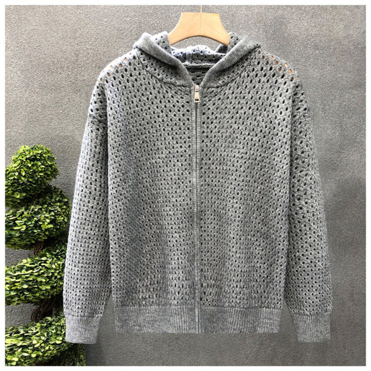 Unisex Leichte Lochstrick-Kapuzenzipjacke mit Ajourmuster Shop Nory