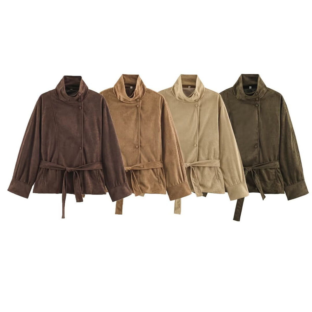 Damen Boxy-Wickeljacke in Veloursoptik mit hohem Stehkragen und Bindegürtel Shop Nory