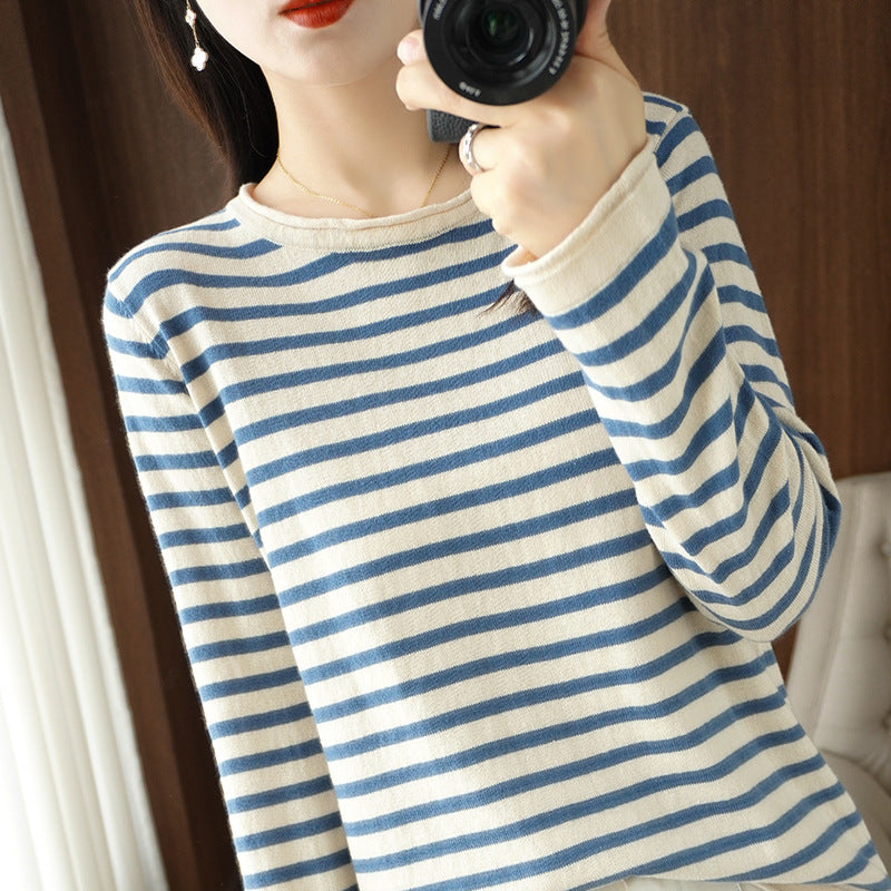 Damen Maritim inspirierter Baumwoll-Feinstrickpullover mit Streifen und leicht kastiger Silhouette Shop Nory