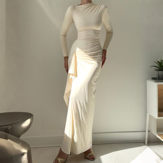 Damen nan gerafftes Maxikleid mit langen Ärmeln, taillierender Stretch-Passform und seitlichem Volant-Detail Shop Nory