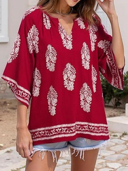 Damen Lockeres Strand-Tunika-Oberteil mit V‑Ausschnitt und Boho‑Print Shop Nory