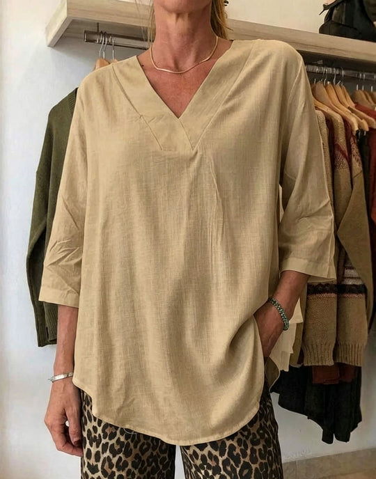 Damen Leichte Oversize V-Ausschnitt Tunika in Leinenoptik mit dreiviertel Ärmeln und abgerundetem Saum Shop Nory
