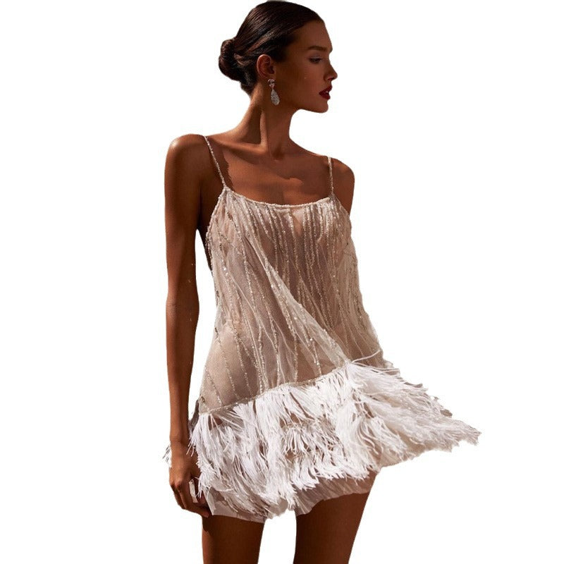 Damen Funkelndes Pailletten-Cocktailkleid mit Federn