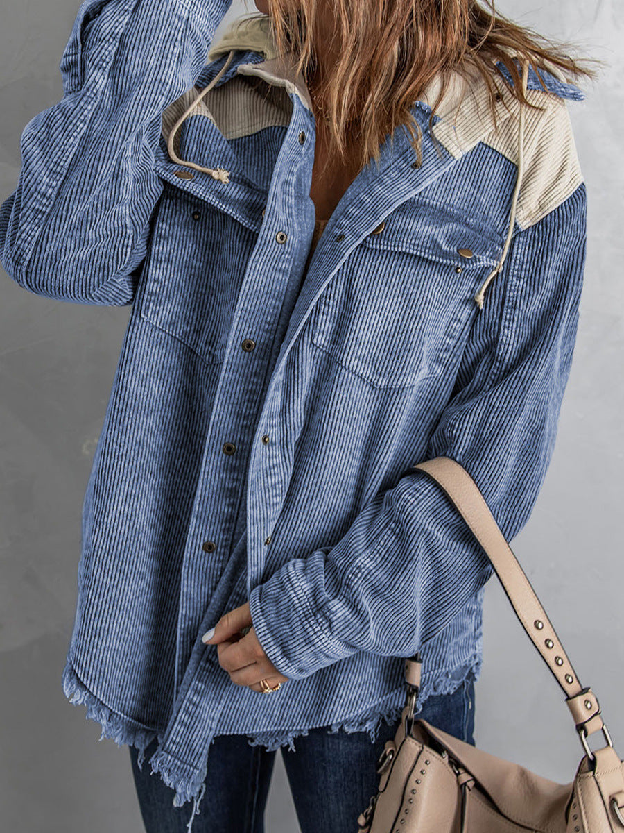 Shopnory | Jacke mit Kapuze Oversized Fit Cord-Textur Knopfverschluss Fransenrand