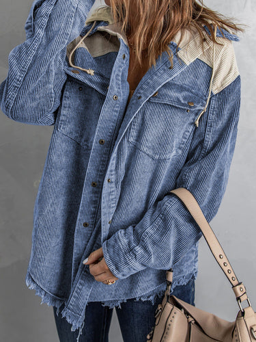 Shopnory | Jacke mit Kapuze Oversized Fit Cord-Textur Knopfverschluss Fransenrand