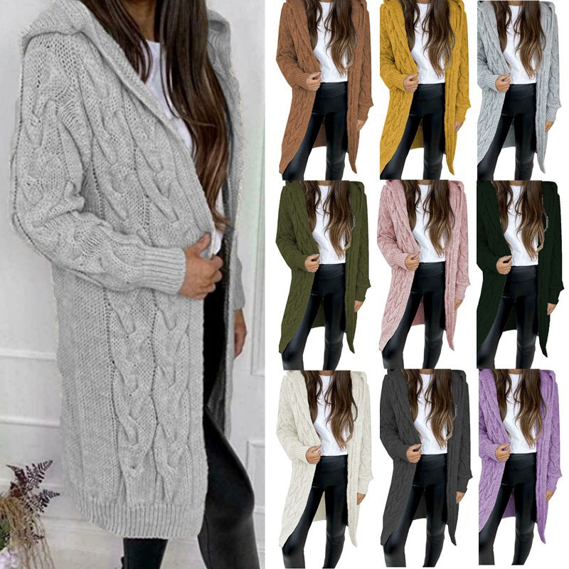 Damen lange Strickjacke mit Kapuze und Zopfdesign