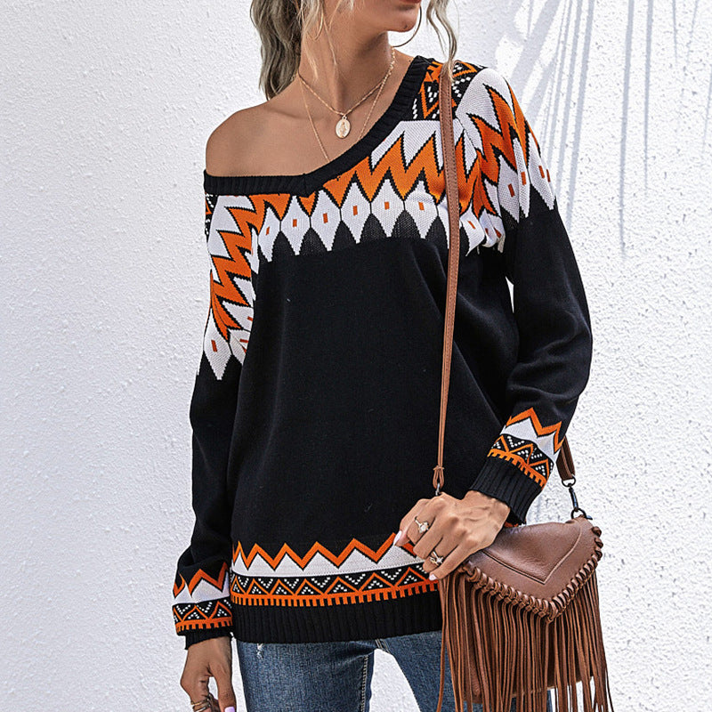 Damen Oversize Strickpullover mit geometrischem Aztekenmuster und asymmetrischem schulterfreiem Ausschnitt Shop Nory