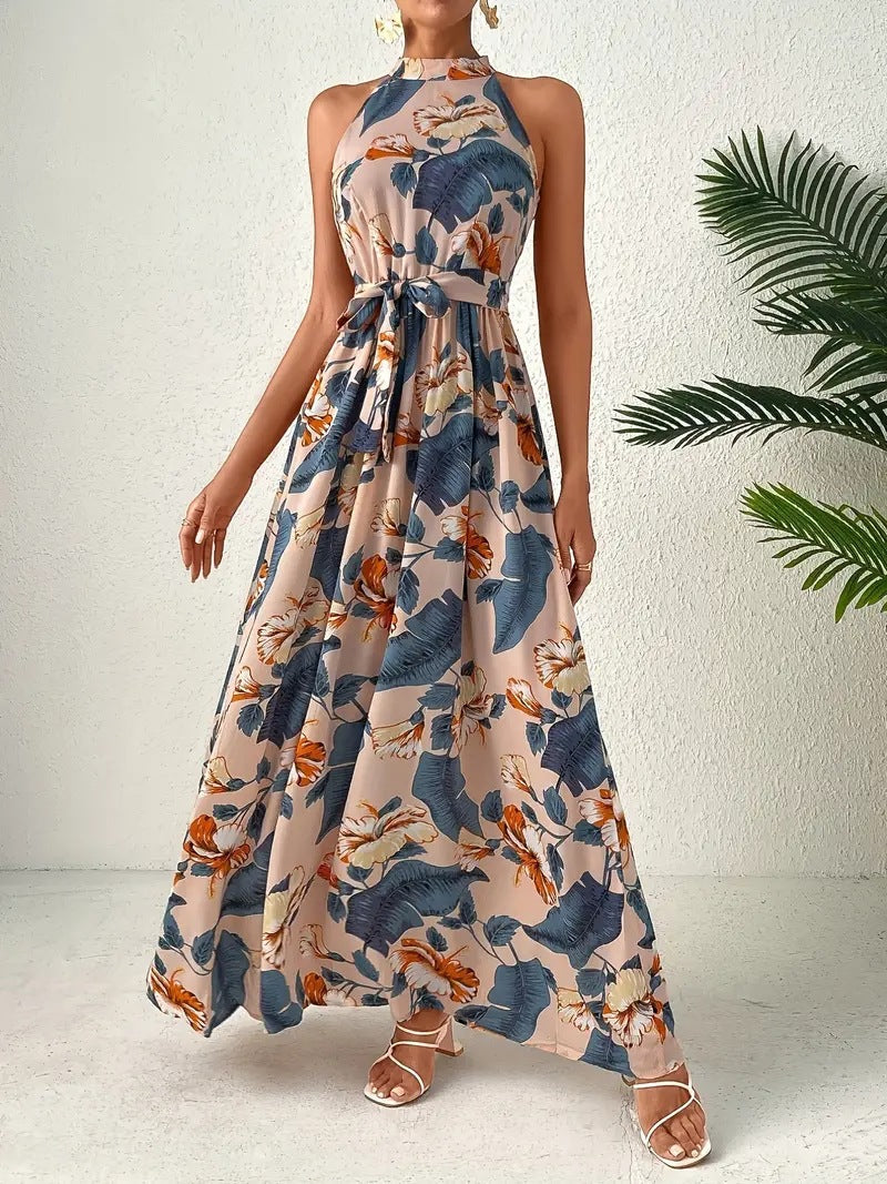 Damen Maxikleid Im Boho-Stil mit Hohem Kragen und Bindegürtel