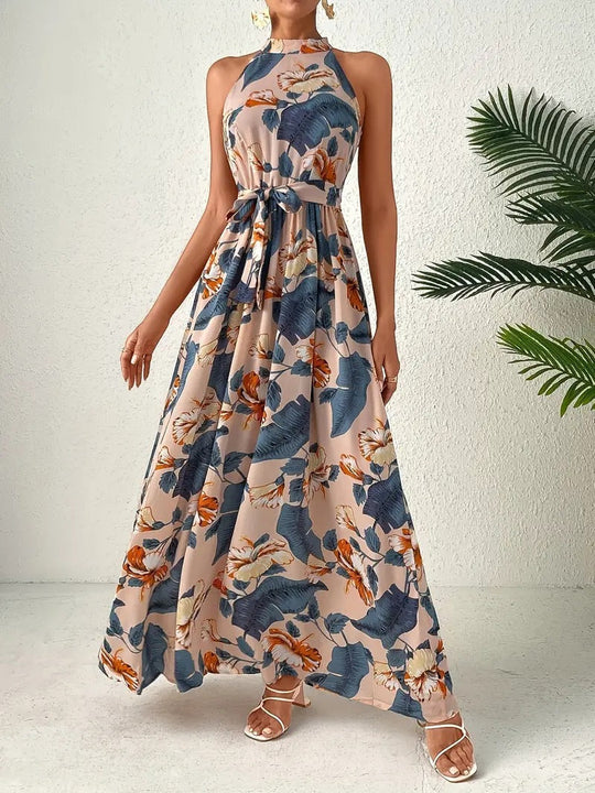 Damen Maxikleid Im Boho-Stil mit Hohem Kragen und Bindegürtel