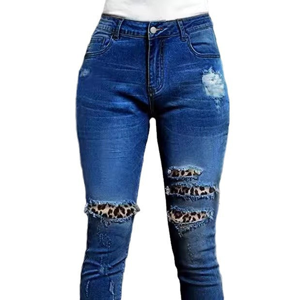 Damen Stretch-Skinny-Jeans mit High-Waist, Knie-Ripped-Details und Leo-Unterlage Shop Nory