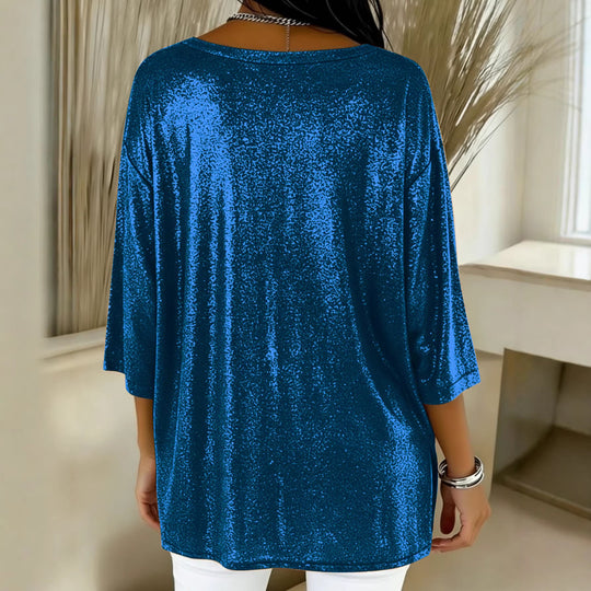 Damen Glänzendes Oversize-Tunika-Shirt mit V‑Ausschnitt und Seitenschlitzen Shop Nory
