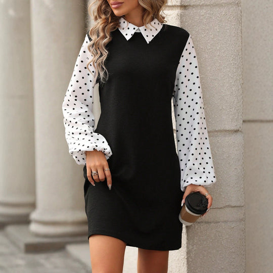 Damen Kontrastblusenkleid mit gepufften Polka-Dot-Ärmeln und Hemdkragen Shop Nory
