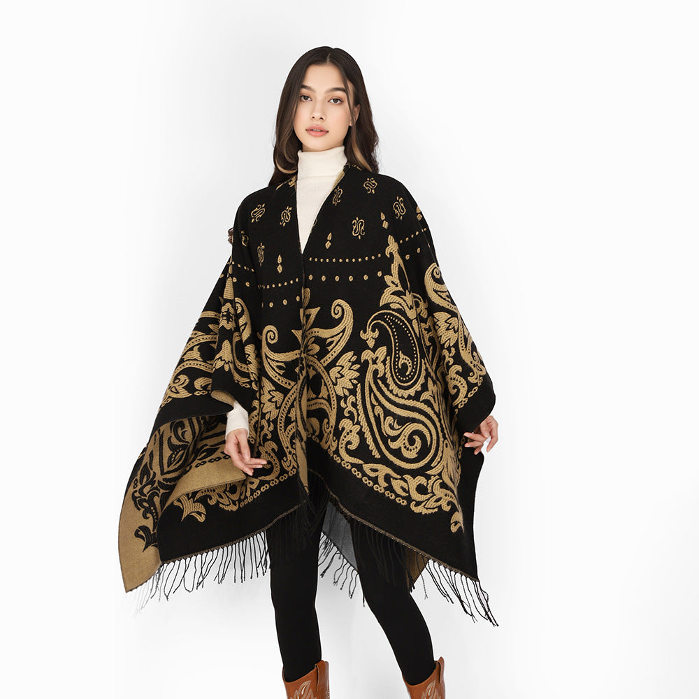 Damen Opulenter Jacquard‑Poncho im Kaftan‑Stil mit Fransen und Paisley‑Relief Shop Nory