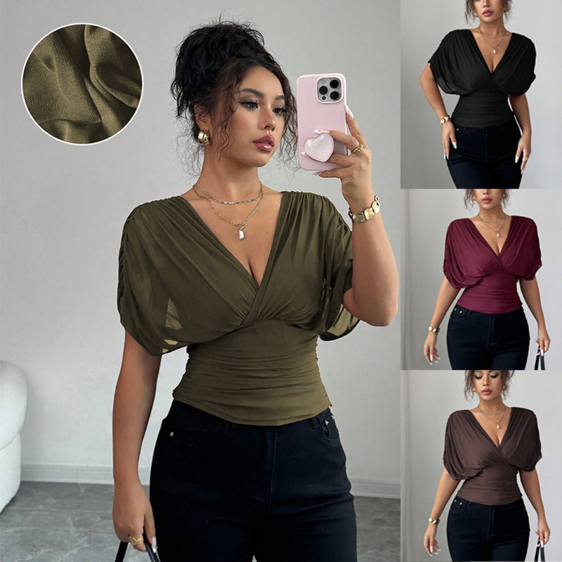 Damen figurbetontes Wickel-Top mit tiefem V-Ausschnitt und gerafften Flügelärmeln Shop Nory