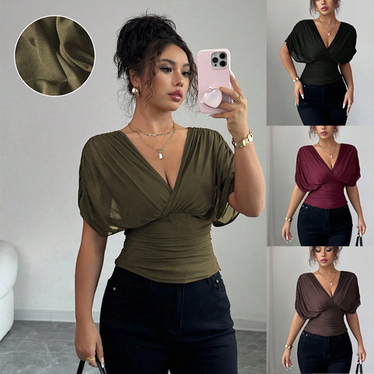 Damen figurbetontes Wickel-Top mit tiefem V-Ausschnitt und gerafften Flügelärmeln Shop Nory