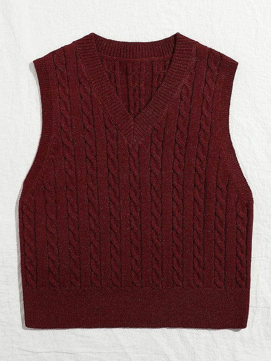 Damen Gestrickte ärmellose Zopfmuster-Pulloverweste mit V-Ausschnitt Shop Nory