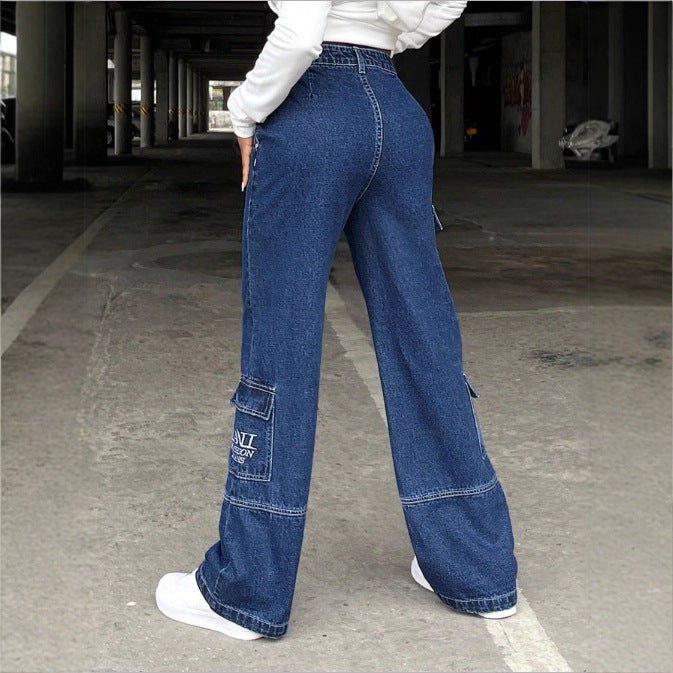 Damen Hochtaillierte weite Cargo-Denimhose mit elastischem Bund und Mehrfachtaschen Shop Nory