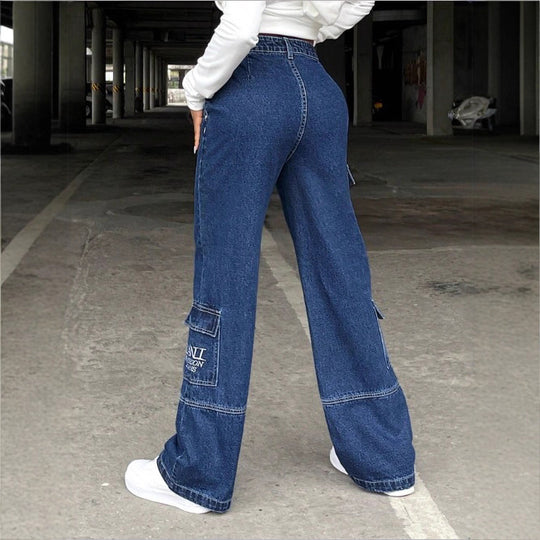Damen Hochtaillierte weite Cargo-Denimhose mit elastischem Bund und Mehrfachtaschen Shop Nory