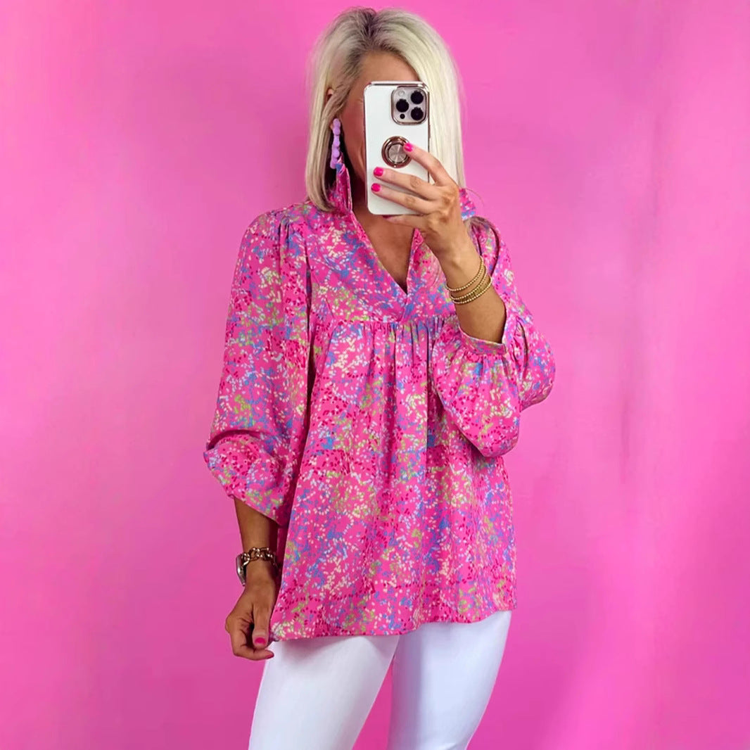 Damen Locker geschnittene Blumenbluse mit V-Ausschnitt und geraffter Passe Shop Nory
