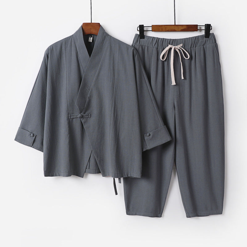 Herren Atmungsaktives Leinen-Baumwoll Lounge-Set mit asymmetrischem V-Kragen und elastischer Kordelhose Shop Nory