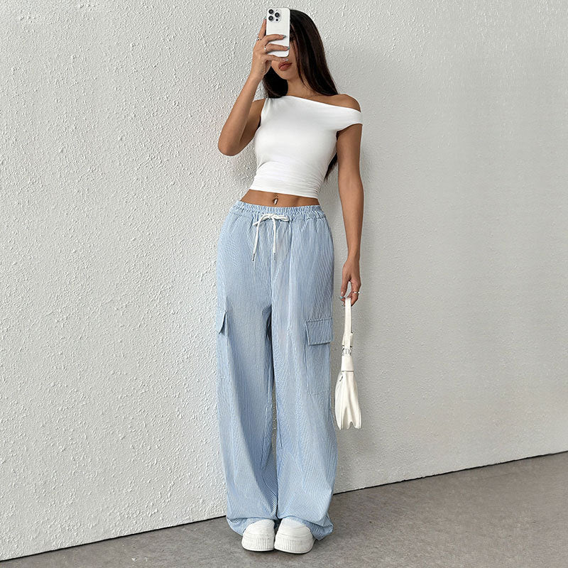 Damen Gestreifte weite Cargo-Hose mit hohem Gummibund und Tunnelzug Shop Nory