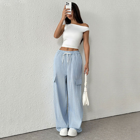 Damen Gestreifte weite Cargo-Hose mit hohem Gummibund und Tunnelzug Shop Nory