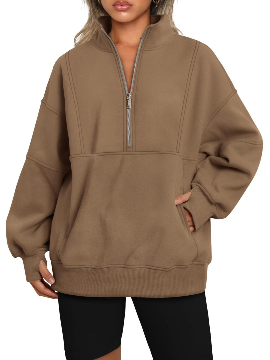 Damen Oversize-Sweatshirt mit halbem Reißverschluss, Stehkragen und Kängurutasche Shop Nory