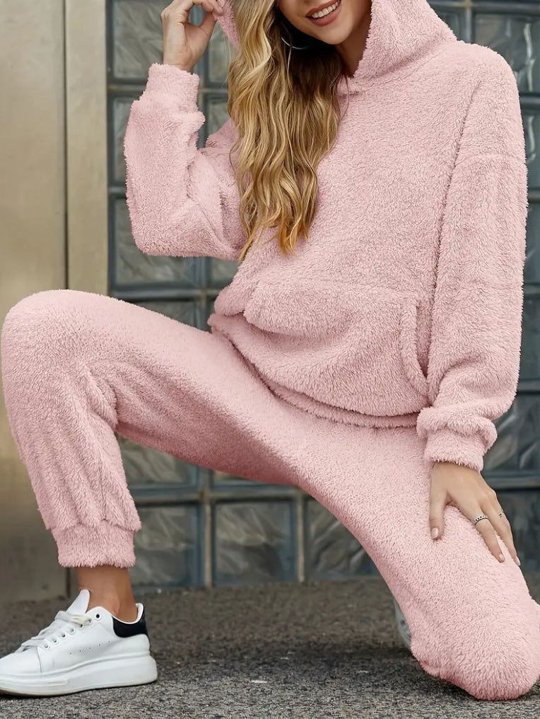 Damen nan kuscheliges Teddy-Fleece Hausanzug-Set mit Kapuze, Kängurutasche und elastischer Jogginghose Shop Nory