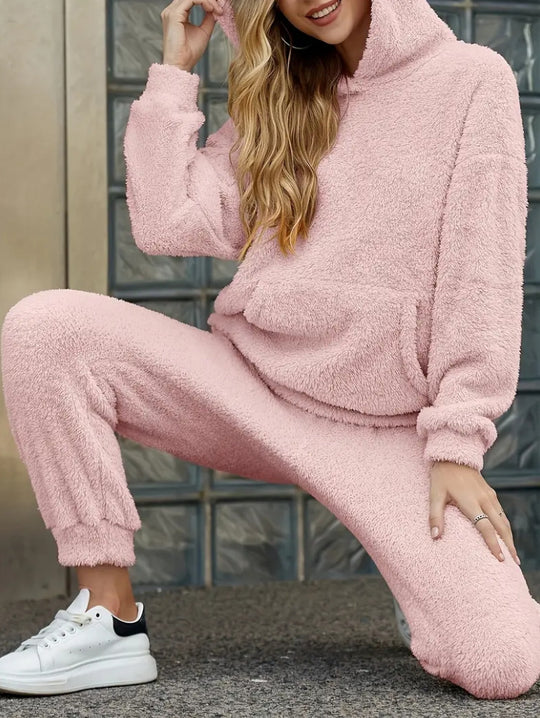Damen nan kuscheliges Teddy-Fleece Hausanzug-Set mit Kapuze, Kängurutasche und elastischer Jogginghose Shop Nory