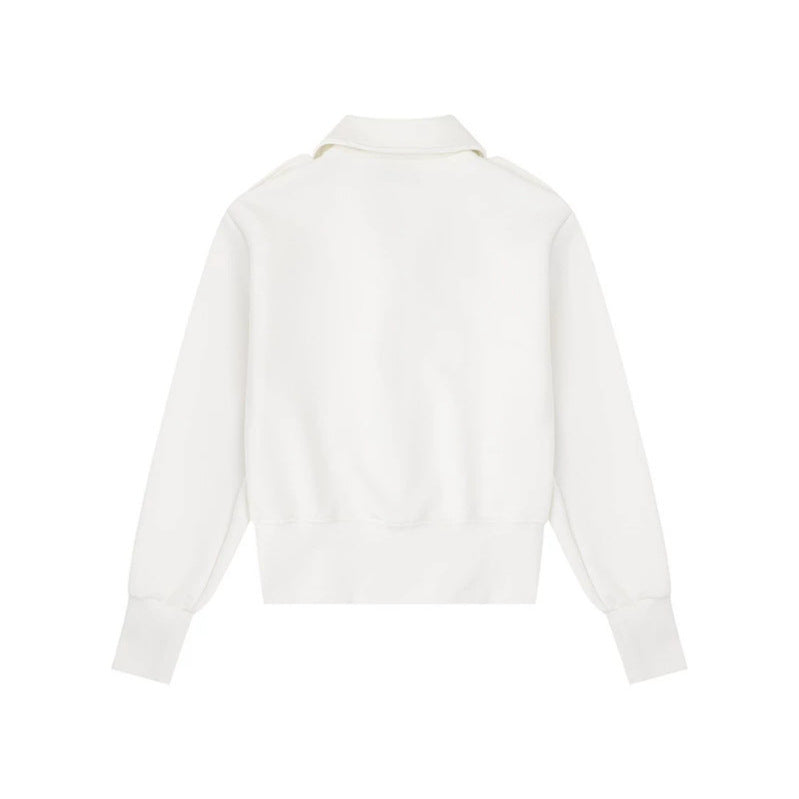 Damen Kurz geschnittene Sweatjacke mit Hemdkragen Schulterklappen und Lederpatch Shop Nory