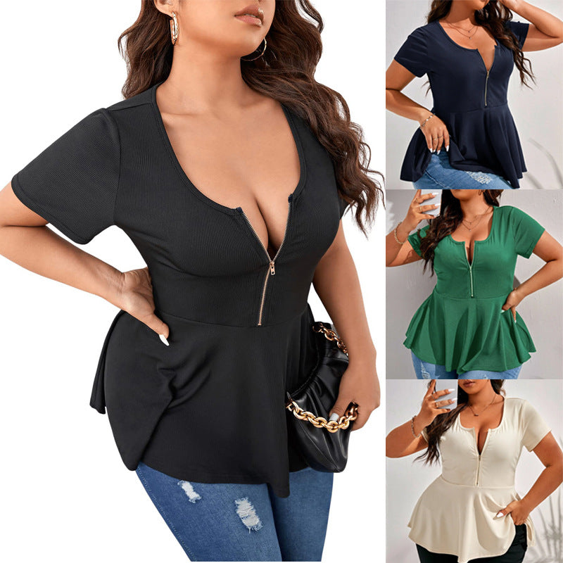 Damen Geripptes Zip-Peplum-Top mit tiefem V-Ausschnitt Shop Nory