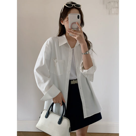 Damen Oversized Hemdbluse aus fließendem Material mit Brusttasche Shop Nory
