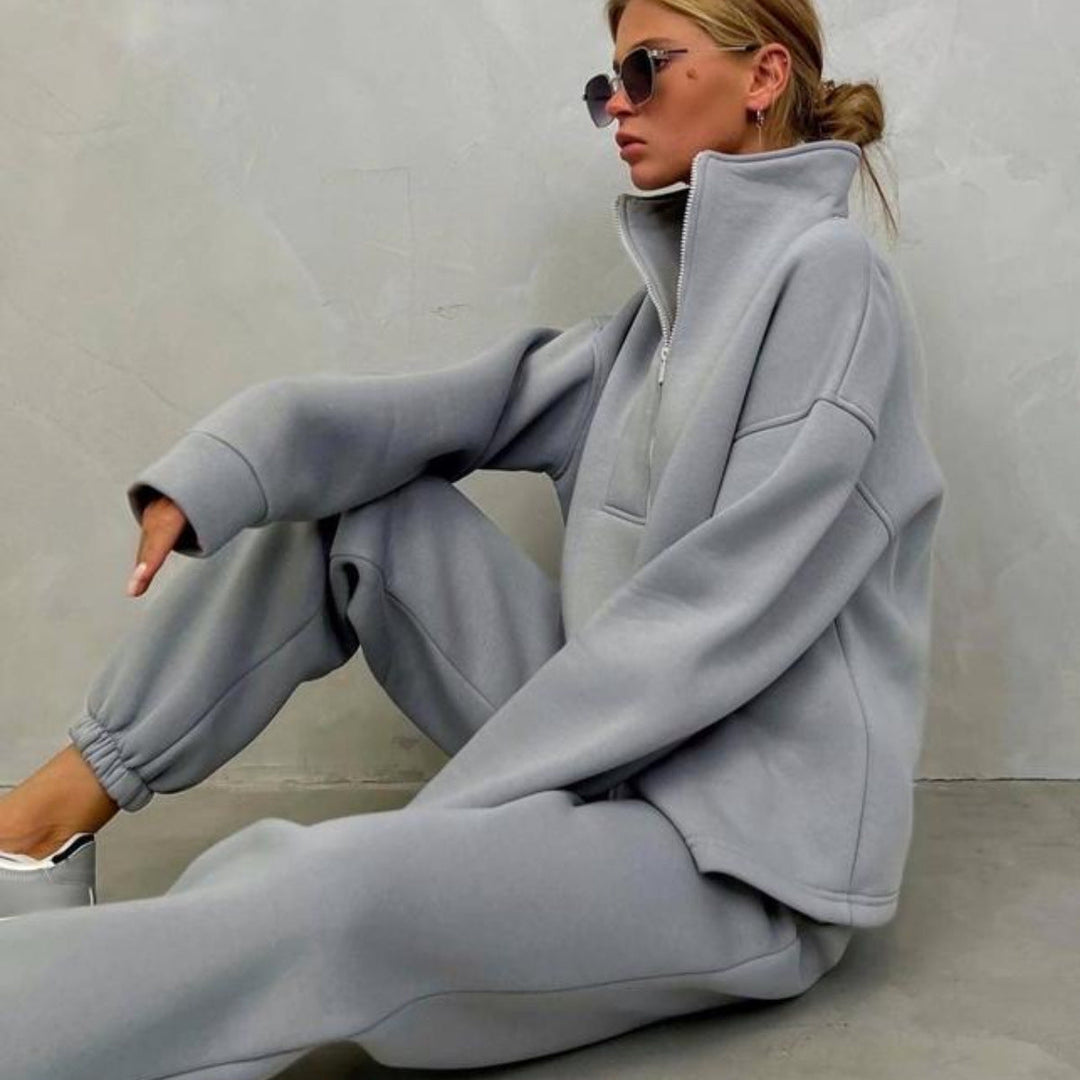 Damen lässiges Fleece-Set mit halbem Reißverschluss und weitem Schnitt