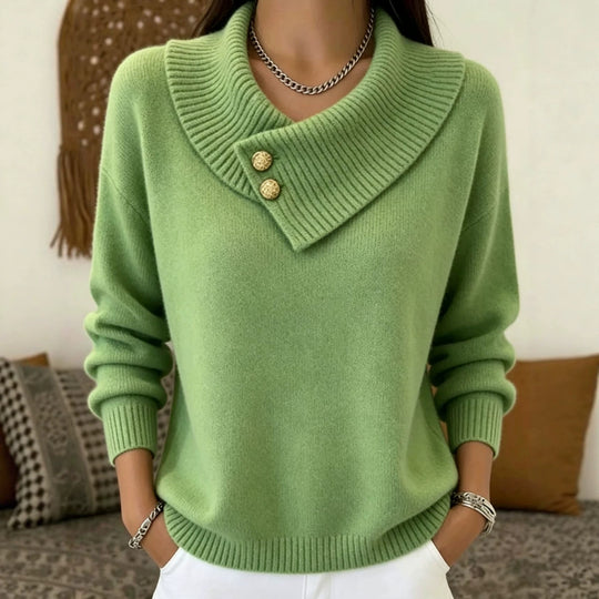Damen Feinstrick-Pullover mit überlappendem Schalkragen und Zierknöpfen Shop Nory
