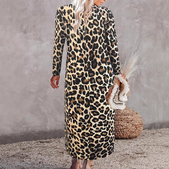 Damen Maxikleid im Hemdblusenstil mit Leopardenmuster, V-Ausschnitt und Dreiviertelärmeln Shop Nory